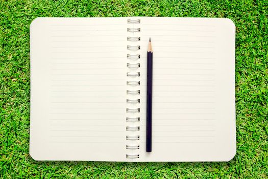 Blank notebook with pencil on green grass