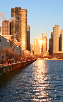 The high-rise buildings in the downtown Chicago