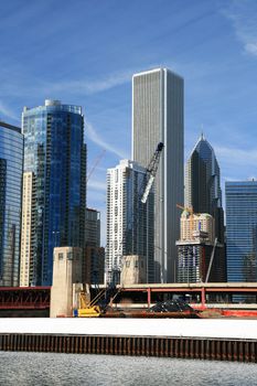 The high-rise buildings in the downtown Chicago