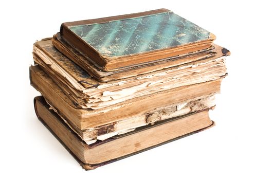 An old book with a crumpled sheet and hardcover isolated on white background