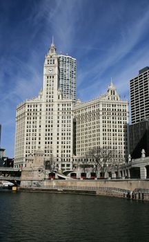 The high-rise buildings in the downtown Chicago