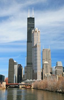 The high-rise buildings in the downtown Chicago