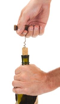 pulling corkscrew cork from the bottle isolated on white background