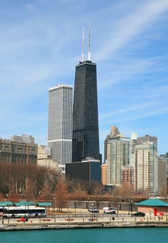 The high-rise buildings in the downtown Chicago