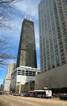 The high-rise buildings in the downtown Chicago
