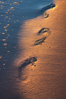 Footprints in the sandy beach in the light of the sunset