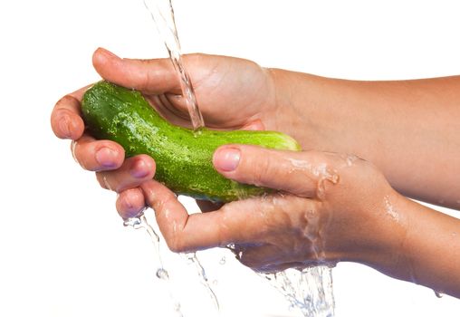 wash the cucumber in the hands isolated on white background