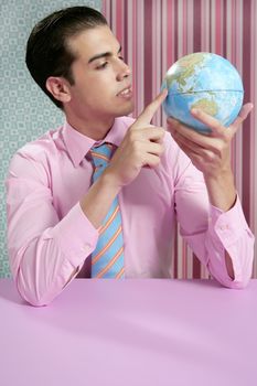 Businessman over modern wallpaper retro vintage and global world map