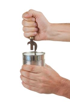 Food can with opener in hand isolated on white background 