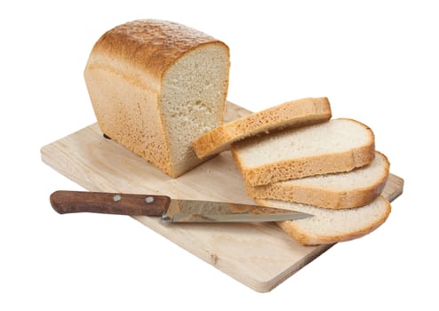 bread with a knife on a cutting board isolated on a white background