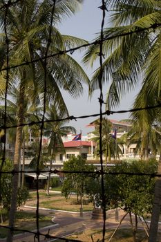 A view from the prison cells of S-21, Toul Sleng in Phnom Penh, Cambodia. The irony is the beautiful view of the palm threes and the Cambodian flag, but here is only suffering.