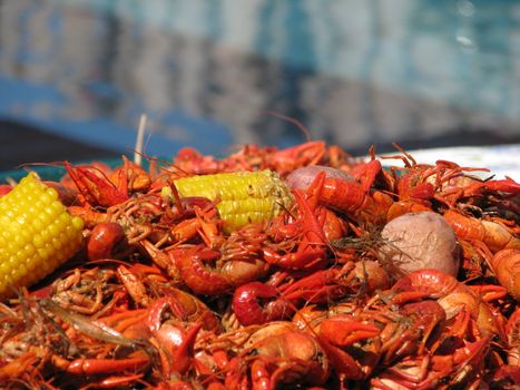 Crawfish, corn and potatoes spread on a table. The depth of field focus is on the food allowing the swimming pool water to be blurred in background.