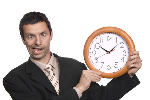 silly business man portrait with a clock
