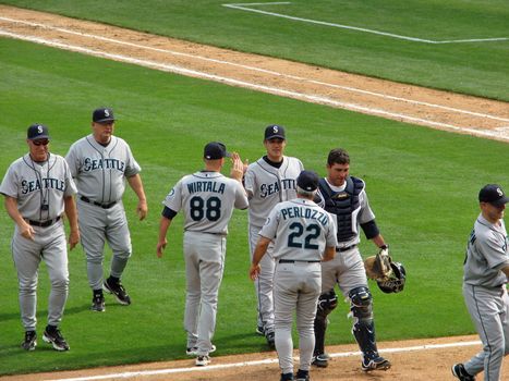 Seattle Mariners baseball team congratulate each other on winning the game on May 13, 2008 in Arlington, Texas.