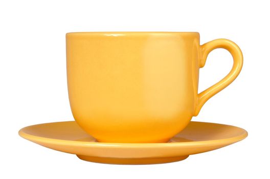 Yellow tea cup on a white background