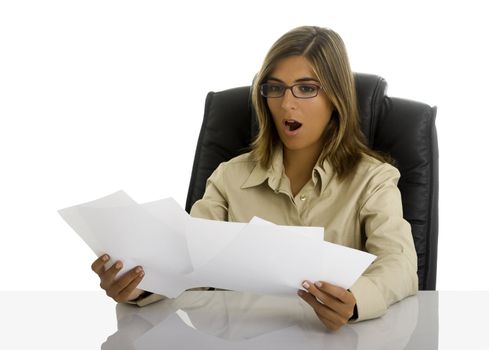Business woman surprised and worried with important papers
