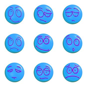 set of blue emoticons 3d on a white background