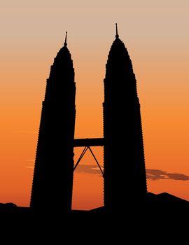 Illustration of of the Petronas Twin Towers in Kuala Lumpur, Malaisia at sunset