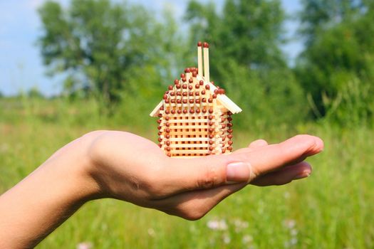 The match small house which is on a female hand, on a blossoming meadow