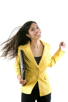 Happy young brunette student with yellow jacket isolated on white