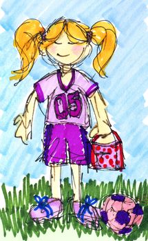 Original sketch of a happy little girl with lunchbox ready to play football or soccer with her ball on the field.