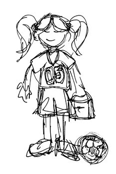 Original black ink sketch of a little girl with lunchbox ready to play football or soccer.