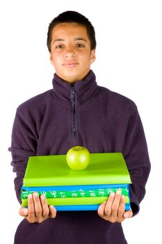 pakistan schoolboy is carying schoolbooks and an apple on white