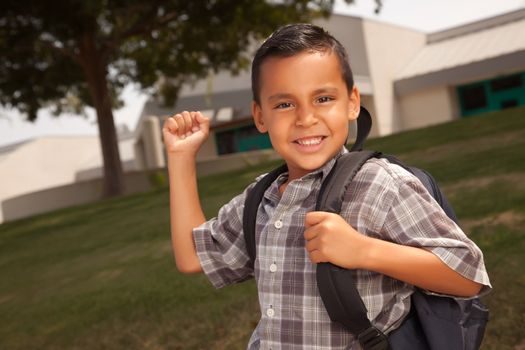 Happy Young Hispanic Boy with Backpack Ready for School.