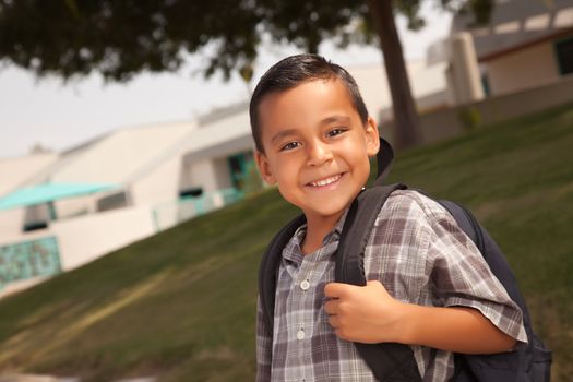 Happy Young Hispanic Boy with Backpack Ready for School.