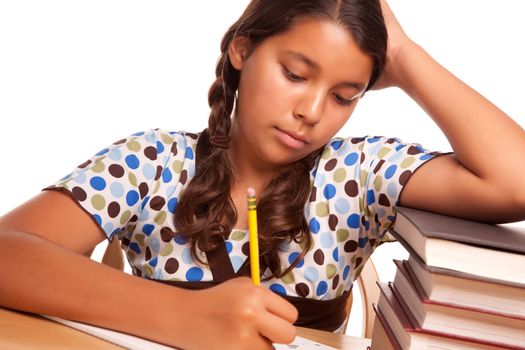 Pretty Hispanic Girl Studying Isolated on a White Background.