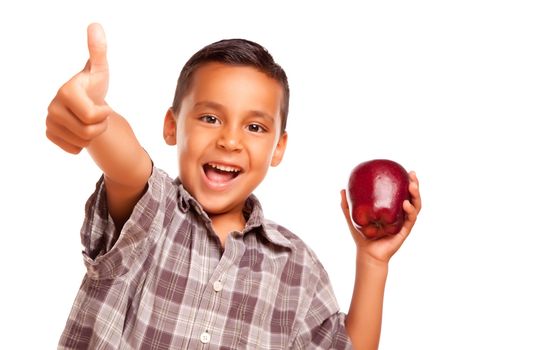 Adorable Hispanic Boy with Apple and Thumbs Up Hand Sign Isolated on a White Background.