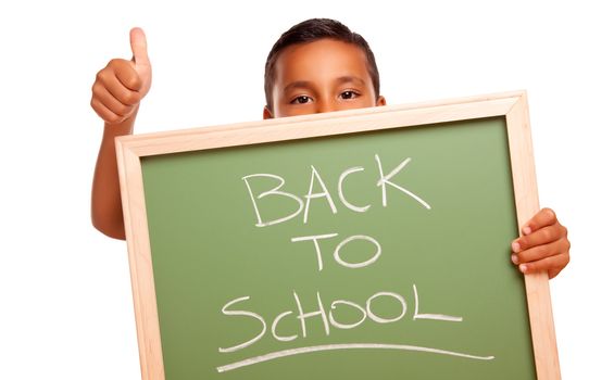 Cute Hispanic Boy Holding Chalkboard with Back to School Isolated on a White Background.