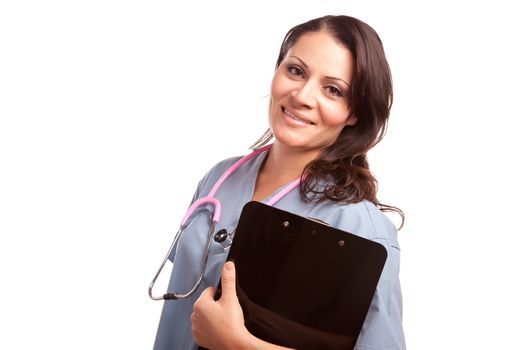 Attractive Hispanic Doctor or Nurse with Clipboard Isolated on a White Background.