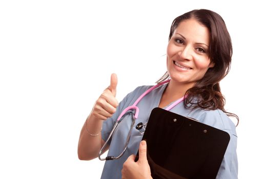 Attractive Hispanic Doctor or Nurse with Clipboard Isolated on a White Background.