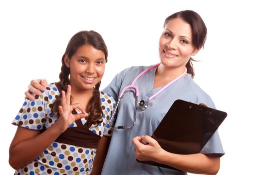 Pretty Hispanic Girl and Female Doctor Isolated on a White Background.