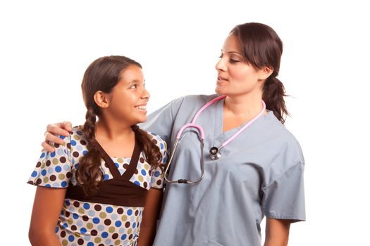 Pretty Hispanic Girl and Female Doctor Isolated on a White Background.