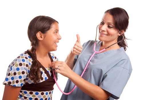 Pretty Hispanic Girl and Female Doctor Isolated on a White Background.