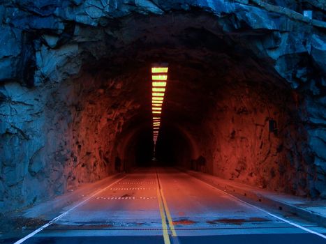Closeup of an illuminated tunnel at entrance of Yosemite National Park