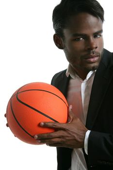 African american young businessman basketball ball in white studio