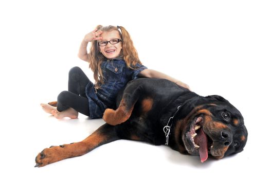portrait of a purebred rottweiler and little girl in front of white background