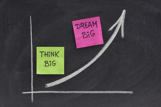 think big, dream big slogan concept presented with growing graph on blackboard, eraser smudges