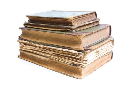 An old book with a crumpled sheet and hardcover isolated on white background