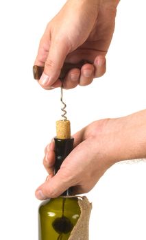 pulling corkscrew cork from the bottle isolated on white background