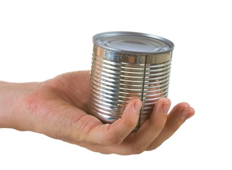 Food can in hand isolated on white background 