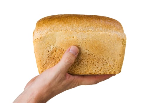 loaf of bread in his hand isolated on white background 