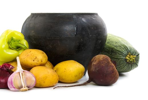 cast iron pot and potato isolated on a white background 