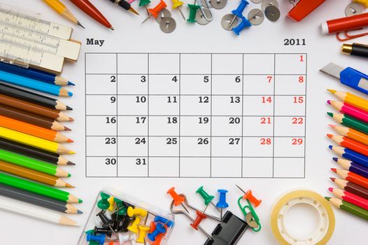 monthly calendar with the office, school and office supplies for 2011