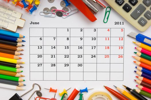 monthly calendar with the office, school and office supplies for 2011