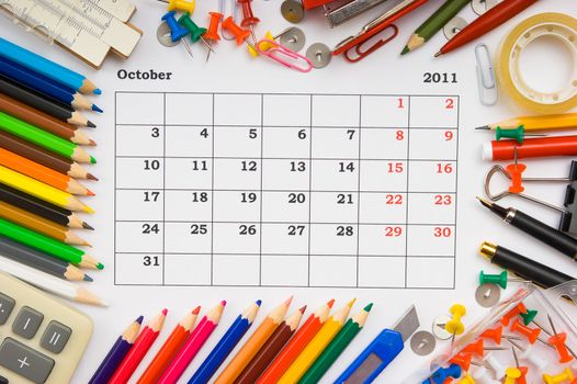 monthly calendar with the office, school and office supplies for 2011