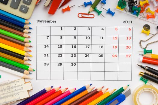 monthly calendar with the office, school and office supplies for 2011